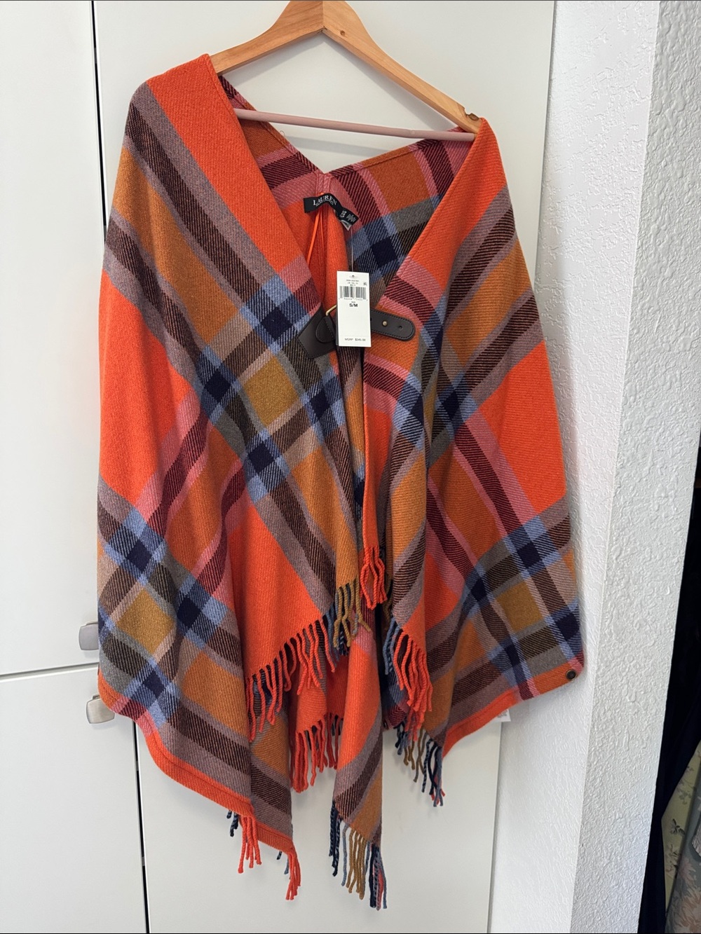Ralph Lauren Orange Plaid Fringe Poncho